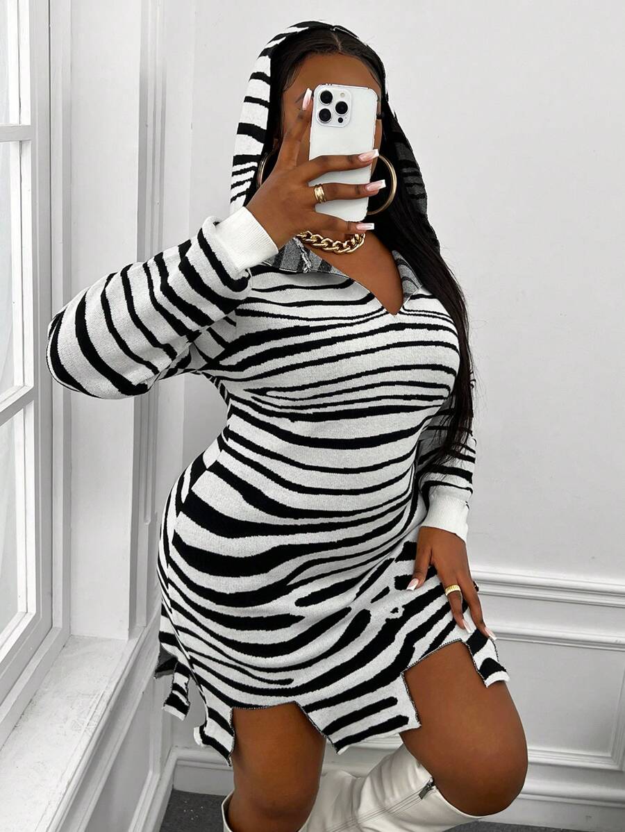 Slaydiva 女裝加大碼條紋帽狀針織毛衣裙