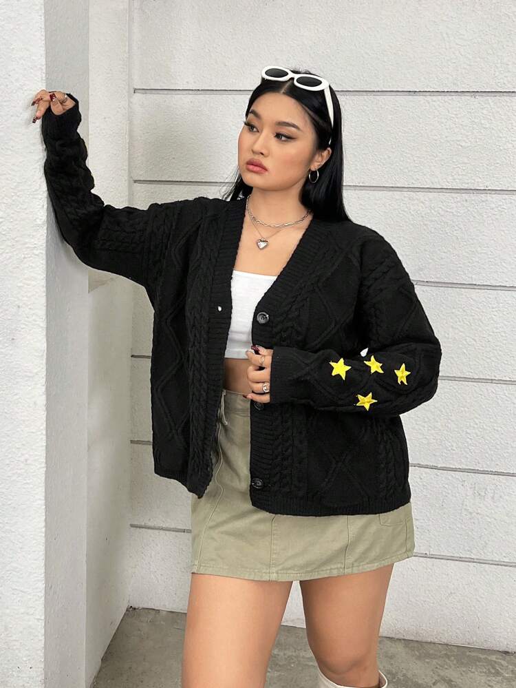 Women's Plus Size Cardigan With Single Button And Five-Pointed Star Decor