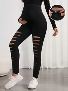 SHEIN Maternidad Leggings desgarro de talle alto - Negro - Ver 3