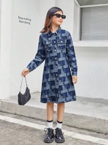 SHEIN Tween Girls Color Block Denim Dress With Flap Pockets - Blue - View 3