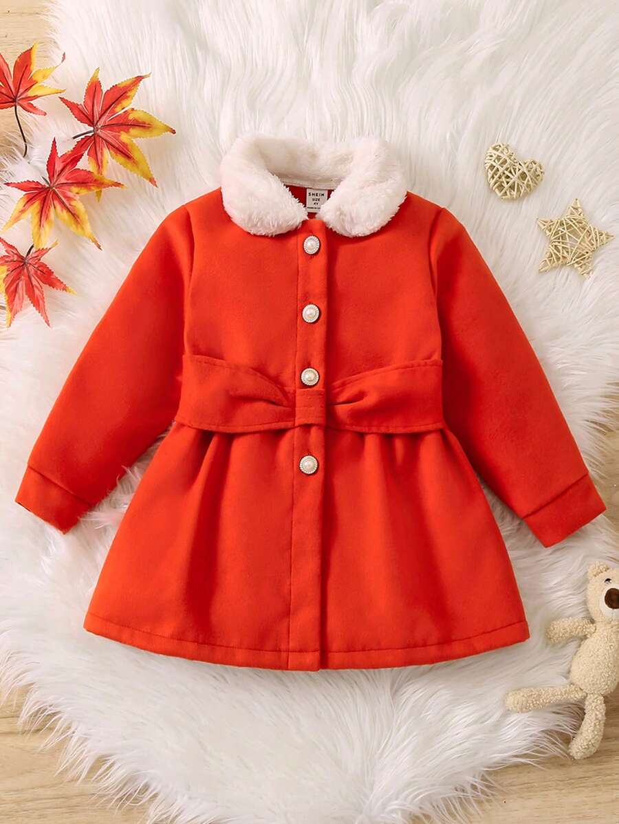 SHEIN 小女孩甜美蝴蝶結設計休閒長袖毛呢襯衫秋冬