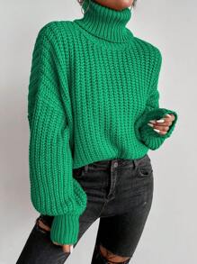 SHEIN Essnce Cổ áo cao Thả vai Áo len - màu xanh lá - Xem 6