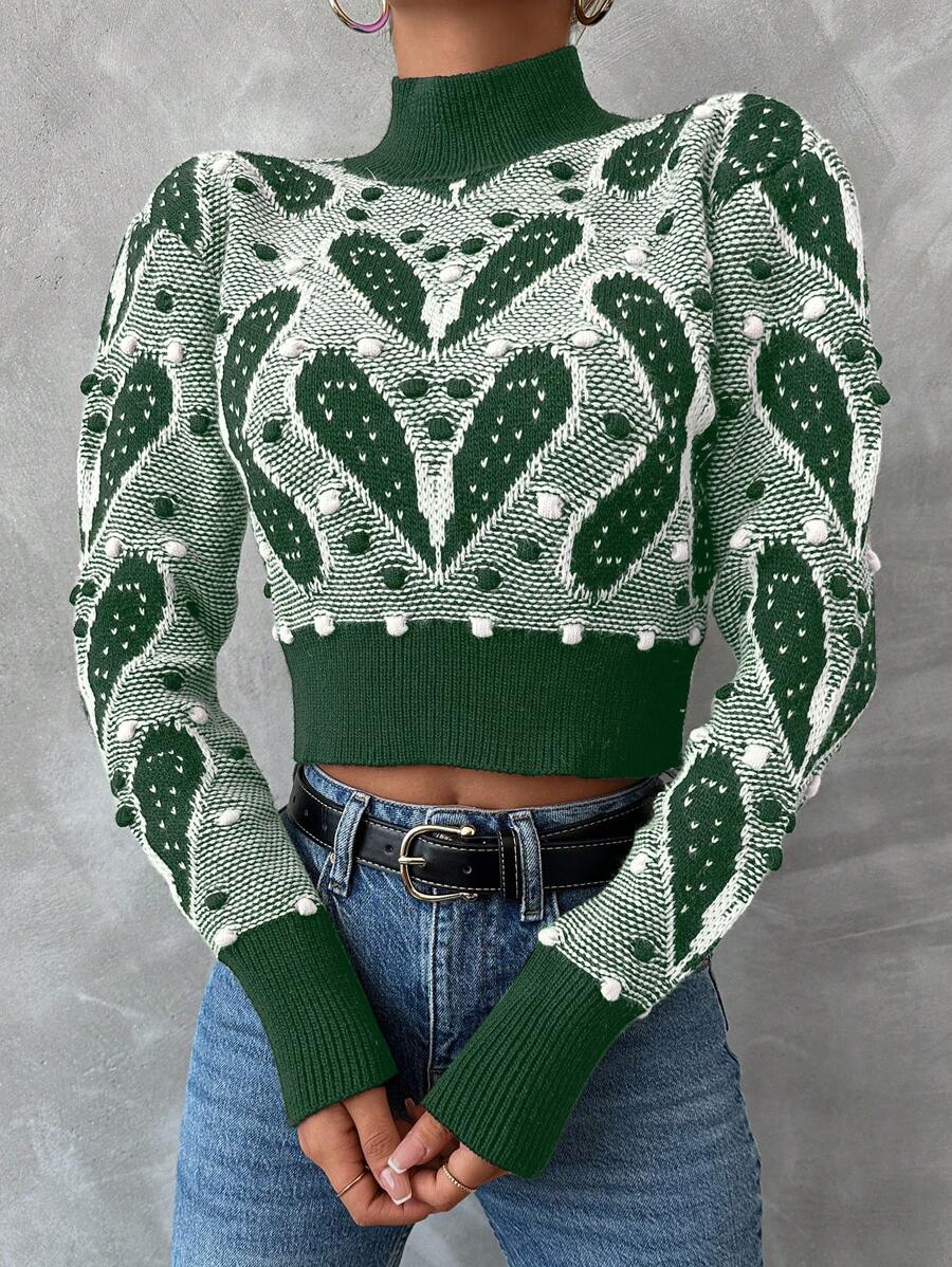 EURMUSE Mock Neck Crop Sweater - Dark Green - View 1