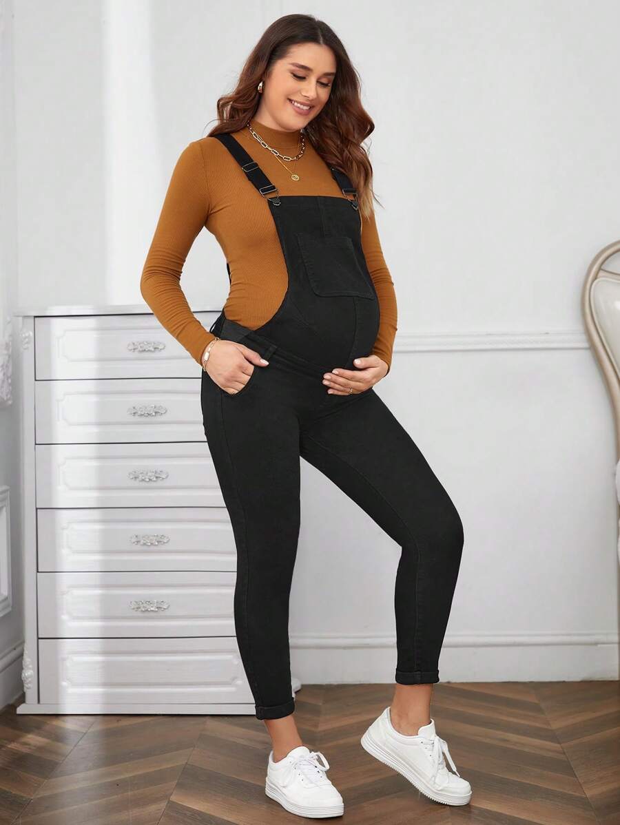 SHEIN Maternity Cropped Denim Overalls - Black - View 1
