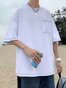 Plus Size Men's Loose Fit Drop Shoulder Contrast Stitching Chest Pocket T-Shirt - White - View 5