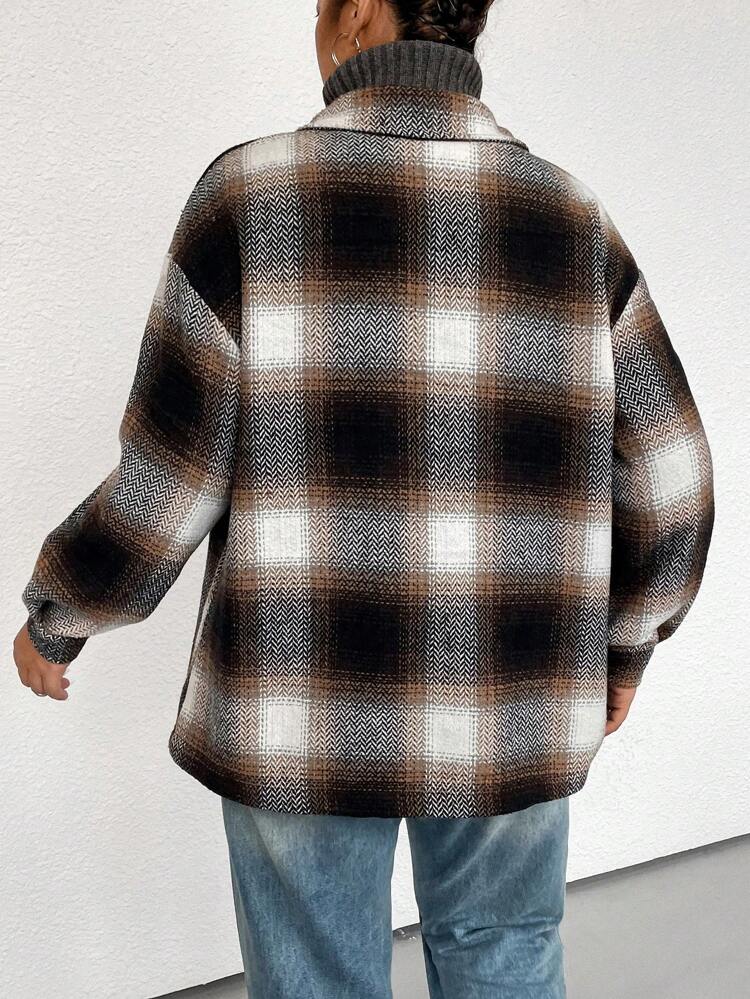 Plus Plaid Print Drop Shoulder Overcoat