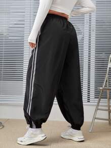 SHEIN EZwear Plus Size Sporty Loose Woven Pants With Contrast Stripes - Black - View 2