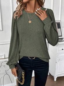 SHEIN LUNE 女款長袖肋紋t恤 - 軍綠色 - 查看 3