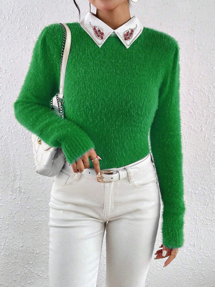 SHEIN Unity Suéter De Mujer Con Detalles De Pedrería - Verde - Ver 1
