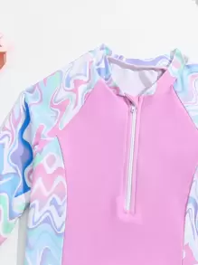 Young Girl Random Printed Raglan Sleeve Ruffled Rashguard Set Summer Beach - Pink - View 4