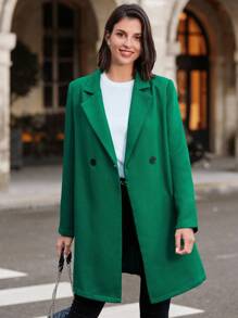 SHEIN Clasi Ladies' Solid-Color Collar Double Breasted Coat - Green - View 1