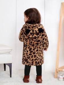 SHEIN 嬰兒女孩休閒豹紋圖案帽套加厚連衣裙 - 棕色 - 查看 2