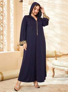 Al Najma Plus Contrast Tape Hooded Maxi Djellaba - Navy Blue - View 1