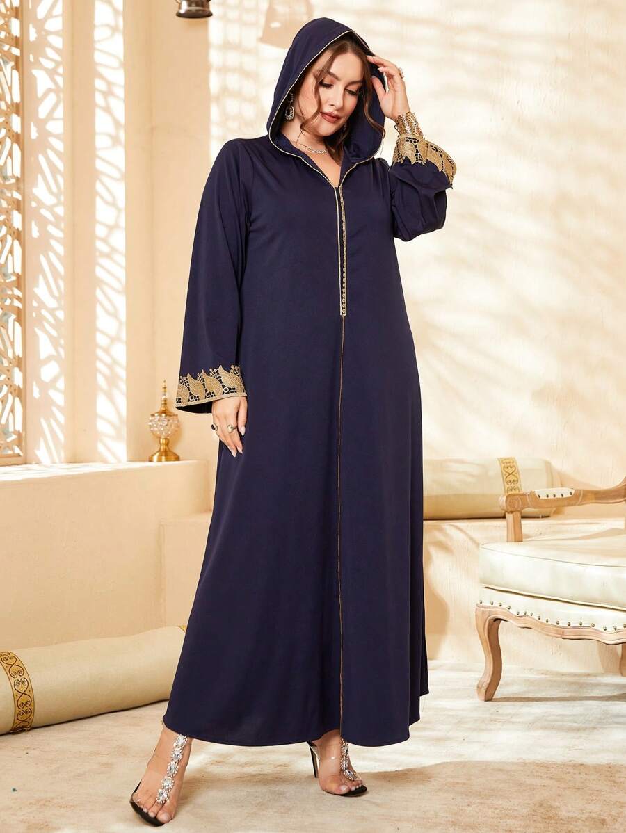Al Najma Plus Contrast Tape Hooded Maxi Djellaba - Navy Blue - View 1
