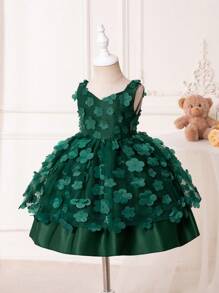 女小童貼花網紗覆蓋派對禮服 - 墨綠色 - 查看 1