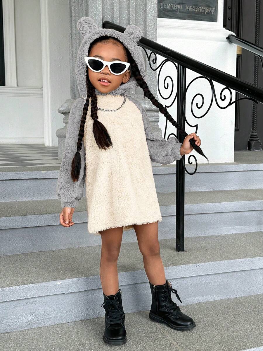 SHEIN Cô Gái Trẻ Hai âm Tay Raglan Thiết kế tai 3D Teddy Đàm áo cánh có mũ - Xám - Xem 1