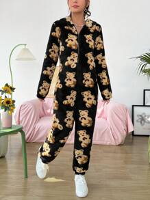 SHEIN EZwear Bear Print Zip Up Hooded Jumpsuit - Black - View 4