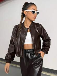 SHEIN Unity Dây kéo Da giả Áo khoác bomber - Gỗ đỏ - Xem 1