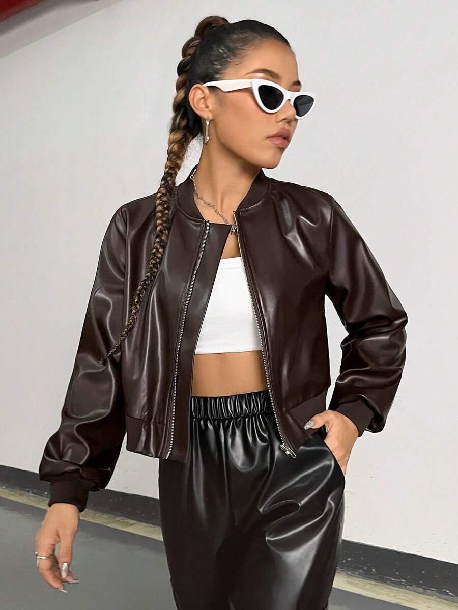 SHEIN Unity Dây kéo Da giả Áo khoác bomber - Gỗ đỏ - Xem 1