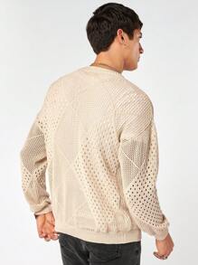 Manfinity RebelGame Áo len cardigan dài tay khoét lỗ cỡ lớn cho nam - Màu Khaki - Xem 2