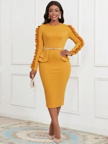 SHEIN Lady Viền Ruffle Váy bodycon Không có thắt lưng - Màu vàng - Xem 6