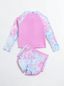 Young Girl Random Printed Raglan Sleeve Ruffled Rashguard Set Summer Beach - Pink - View 2