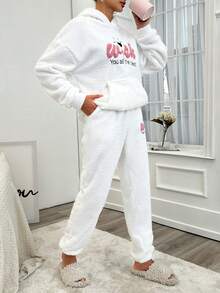 SHEIN Cottnline Slogan Embroidery Drop Shoulder Teddy Fleece Hoodie And Pants Set - White - View 5