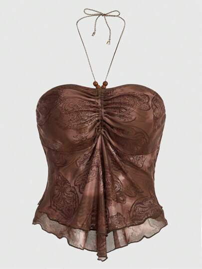 Hippie Top De Cuello Halter Con Estampado De Cachemira Y Pliegues En El Busto