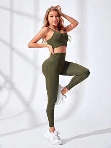 女士條紋彈性健身運動服裝 - 軍綠色 - 查看 3