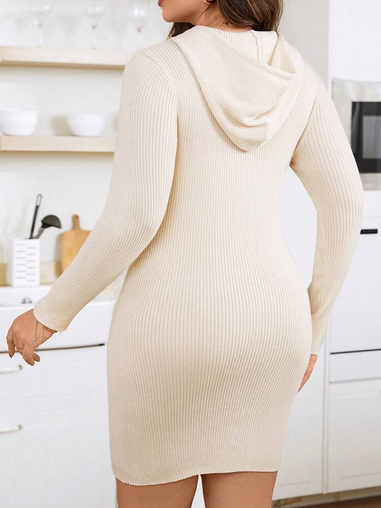 Plus Ribbed Knit Drawstring Hooded Sweater Dress