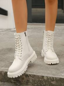 秋冬搭配毛衣连衣裙，新款女士时尚休闲纯色雪地靴，系带前拉链侧米色短靴，女靴，毛绒靴 - 米色 - 查看 5