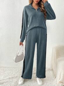 EMERY ROSE Women's Crop Top And Pants Set With Zipper - Blue - View 5