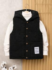 SHEIN Tween Boy 1 件字母拼接细节连帽背心加厚外套 - 黑色 - 查看 3