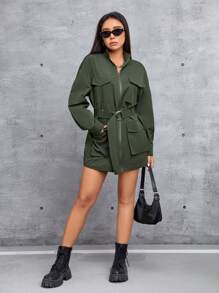 SHEIN PETITE 女士腰帶實用裙裝 - 綠色 - 查看 5