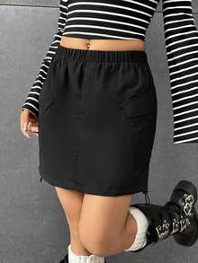 SHEIN EZwear 黑色編織束腰細節裙子 - 黑色 - 查看 3