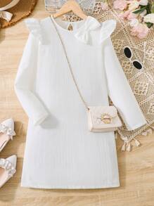 SHEIN 少女時裝A字裙連蝴蝶結、長袖和圓領 - 白色 - 查看 1