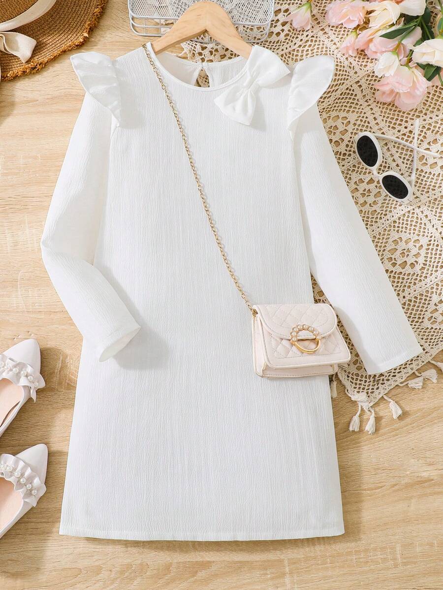 SHEIN 少女時裝A字裙連蝴蝶結、長袖和圓領 - 白色 - 查看 1