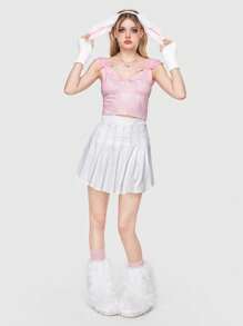 ROMWE Kawaii Của phụ nữ Nơ In ấn Xù Self Tie Mặt trước Áo ba lỗ - Hồng - Xem 3