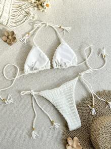 SHEIN Swim Bộ bikini cổ tam giác đi biển mùa hè - trắng - Xem 2