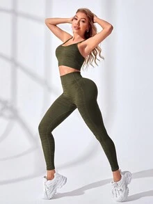女士條紋彈性健身運動服裝 - 軍綠色 - 查看 2