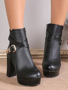 女性時尚粗跟腰帶扣裝飾的踝靴和短靴黑色高跟鞋切爾西靴適合派對和宴會在秋天和