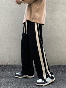 側邊條紋寬腿運動褲,開叉細節舒適寬松版型 - 黑色 - 查看 3