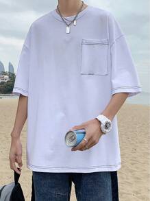 Plus Size Men's Loose Fit Drop Shoulder Contrast Stitching Chest Pocket T-Shirt - White - View 8