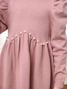 SHEIN Toddler Girls' Loose Fit Knee Length Pullover Sweater Dress With Round Neckline For Casual Occasions - Pink - View 4