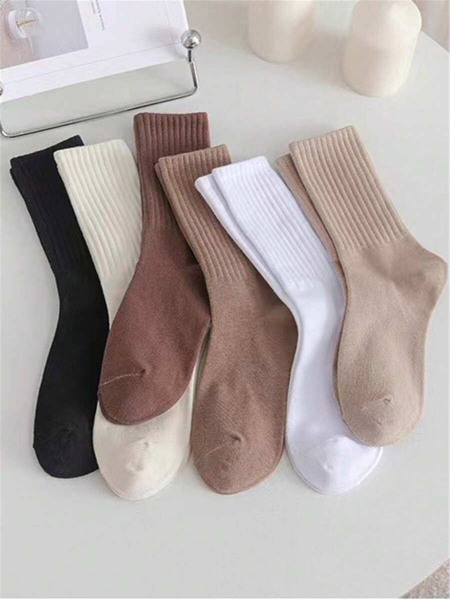 6pairs Brown Tone Solid Color Casual Mid-calf Socks