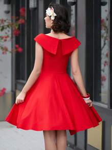 MUXXN Đầm xòe dáng chữ A cổ chữ V phong cách retro thập niên 1950, thích hợp cho tiệc cocktail mùa hè, thanh lịch. - Đỏ - Xem 3