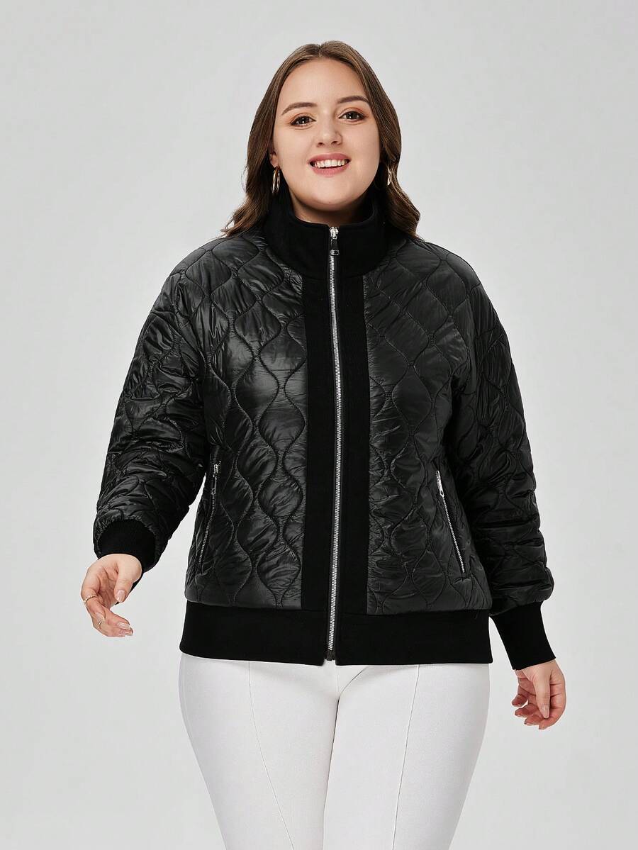 Astrid Áo khoác đệm cỡ lớn có túi chéo, vải tương phản và khóa kéo - màu đen - Xem 1