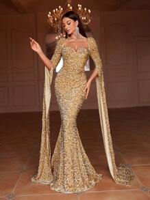 Faeriesty Sweetheart Neck Extra-Long Sleeve Sequin Mermaid Dress