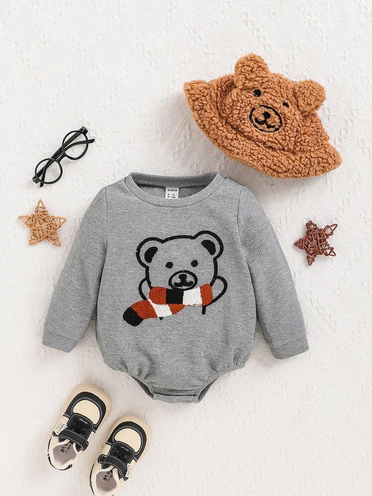 Baby Boys' Long Sleeve Bear Printed Bodysuit With Hood