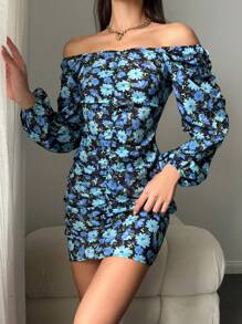 SHEIN Cottnline Allover Floral Print Off Shoulder Lantern Sleeve Ruched Bodycon Dress - Blue - View 1